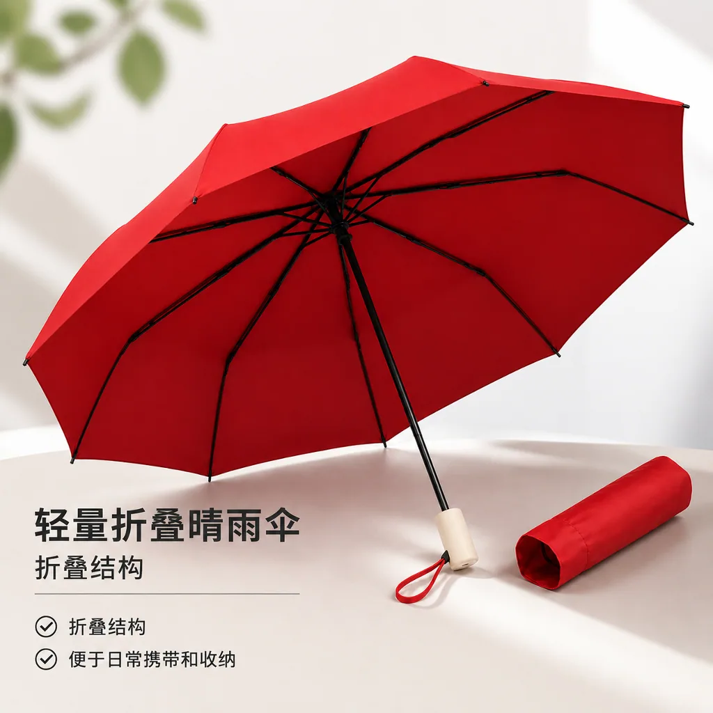 朱砂红折叠晴雨伞白底商品主图
