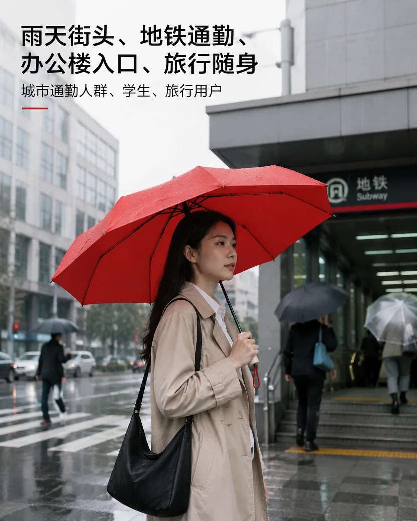 朱砂红折叠晴雨伞雨天通勤场景图