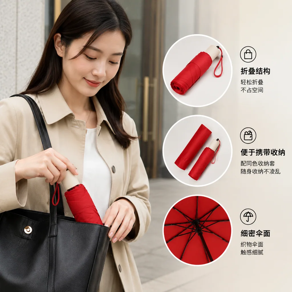 朱砂红折叠晴雨伞便携卖点图